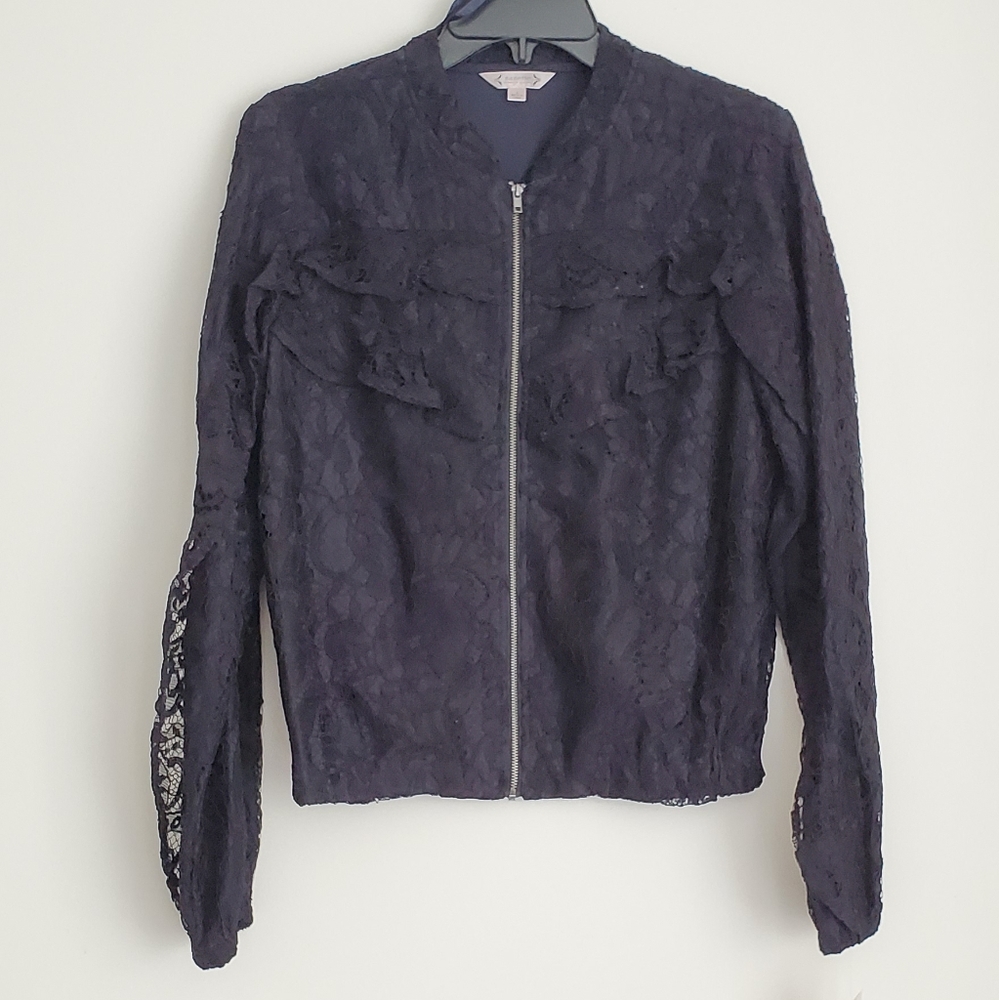 NANETTE  Lepore Zip Ruffle Accent Lace Jacket